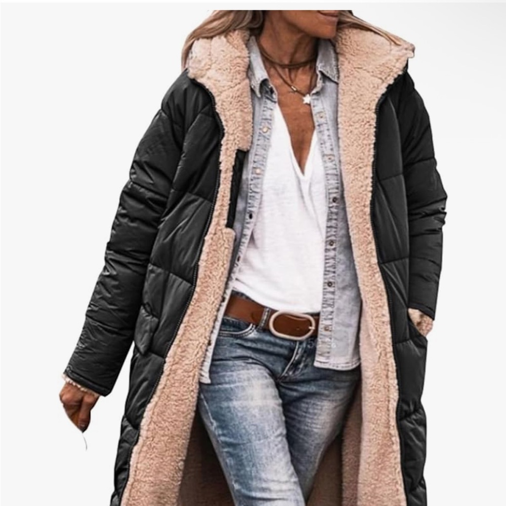 Women's Black and Cream Long Puffer Coat